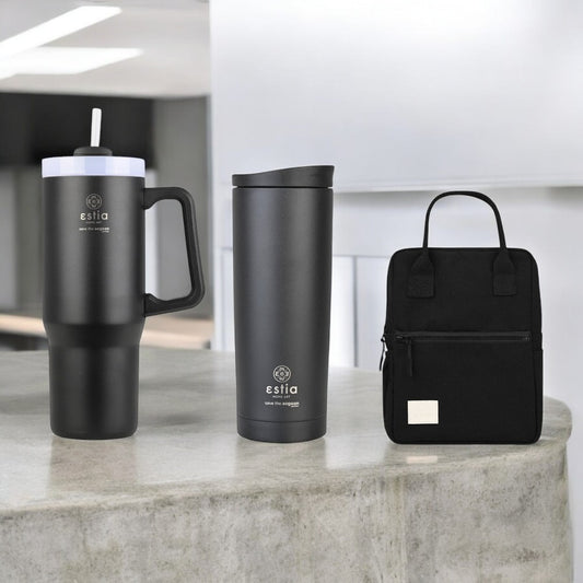 Bundle Black Friday (x3) Estia Straw Tumbler XL & Travel Mug & Ισοθερμική Τσάντα - Μαύρα